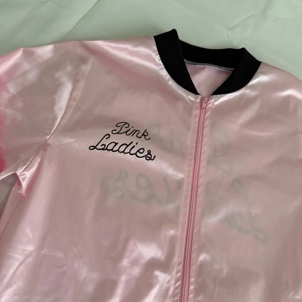 Grease Pink Ladies Jacket Kids Girl's M 10/12 Pink Satin Bomber Movie Costume